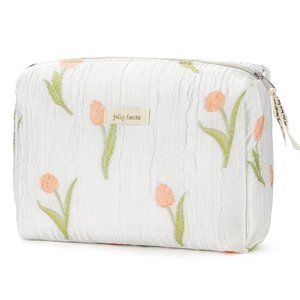 Women Kawaii Floral Cosmetic Large Travel Toiletry Cosmetic Pouch Creamy Tulip